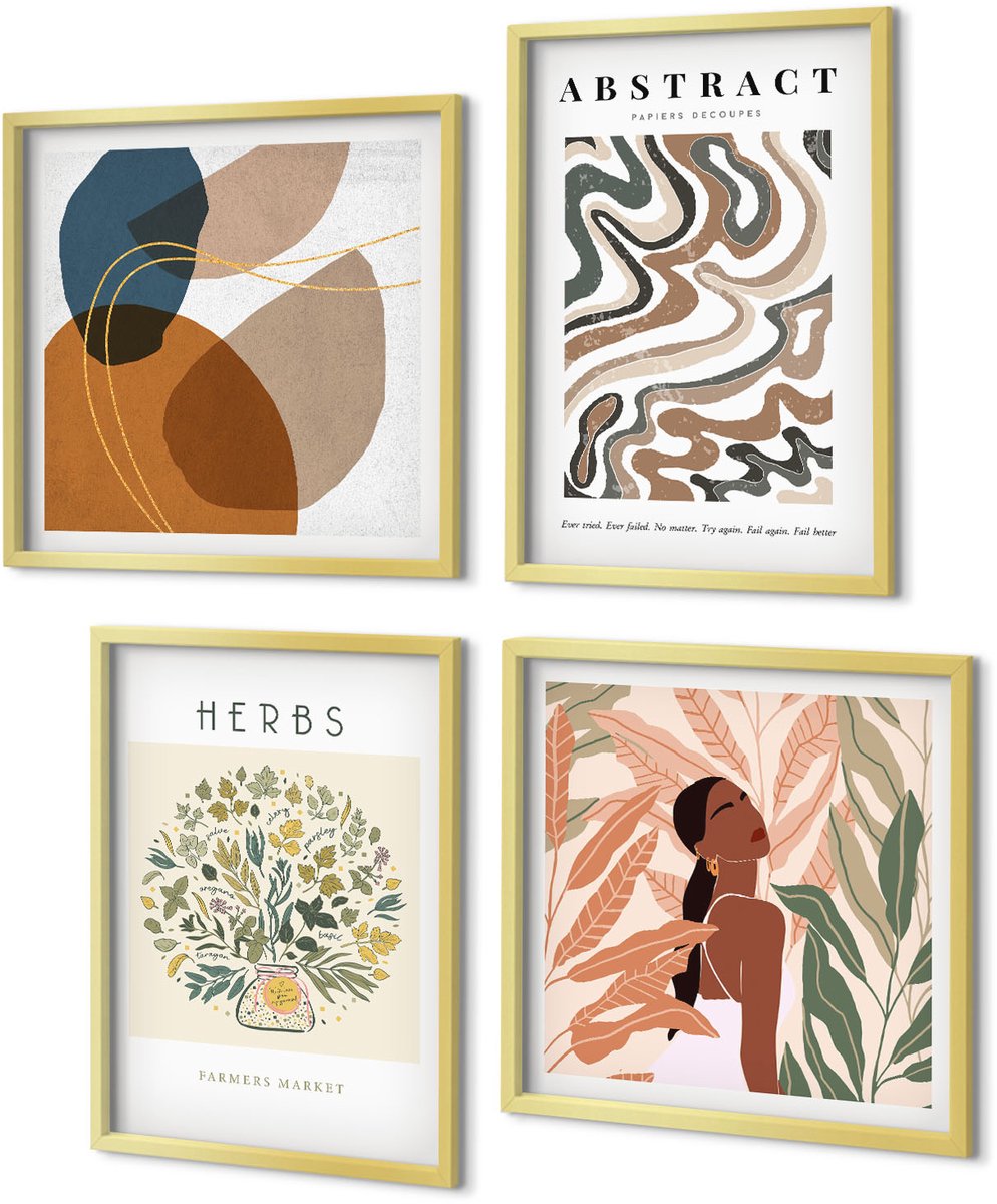 Coloray 4-Delige Schilderij Set - Boho-esthetiek, pastelkleurige minimalistische posters - 40 x 40 cm en 40 x 60 cm - Wanddecoratie - Schilderijen Set - Kantoor - Interieur Decoratie
