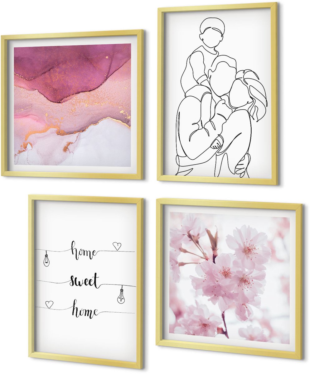 Coloray 4-Delige Schilderij Set - Bloemen en familie in minimalistisch design. - 40 x 40 cm en 40 x 60 cm - Muurdecoratie - Schilderijen Set - Woonkamer - Decoratieve Schilderijen
