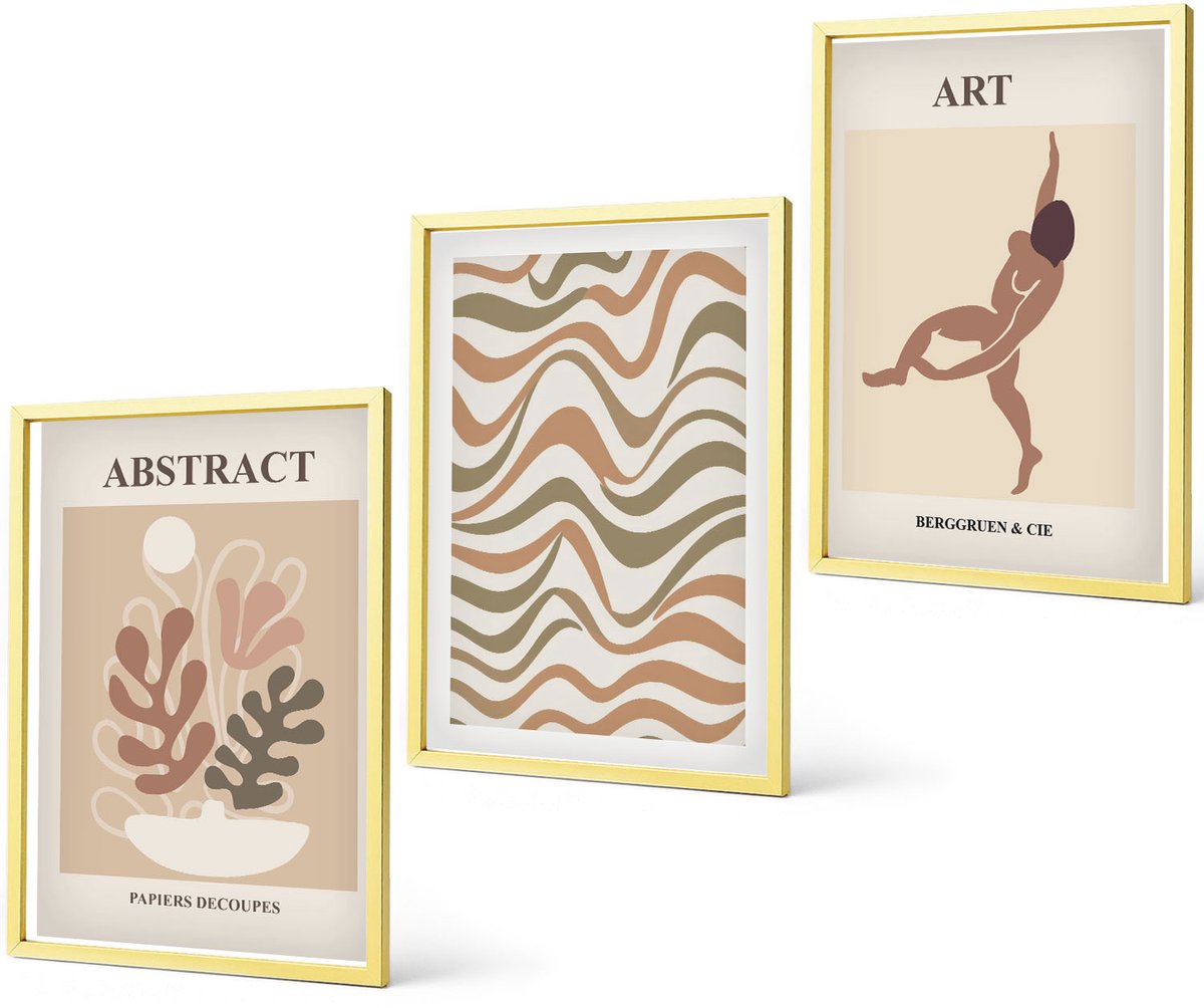 Coloray 3-Delige Schilderij Set - Matisse Boho Abstracte Vormen En Patronen - 40 x 40 cm En 40 x 60 cm - Decoratieve Muurdecoratie - Slaapkamer - Wanddecoratie