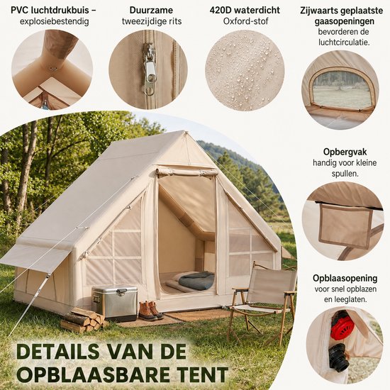 Bruinsma INEX Opblaas Tenten - Kampeertent - Opblaasbare Tent - 420D Oxford - Met Luchtpomp - 2-4 Personen - 300Lx210Bx200H CM - Beige — afbeelding 4