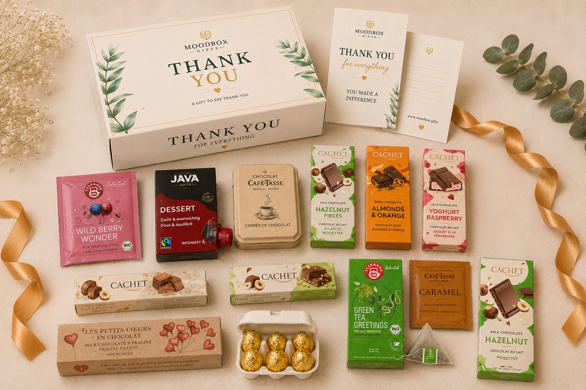 Luxe bedankcadeaubox – Belgische chocolade, koffie, thee & lekkernijen – Gepersonaliseerde wenskaart – Moodbox Gifts – Thank You Box Prestige