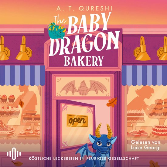 Boekomslag van The Baby Dragon Bakery met een blauwe draak voor een bakkerij vol gebakjes en een 'open' bordje.