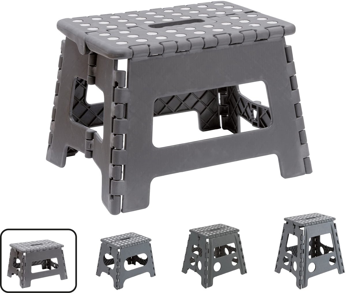 Famanu – Kleine vouwkruk, opvouwbare kruk voor kinderen en volwassenen, draagbaar met een draagvermogen van 150 kg, voor keuken, badkamer, camping en tuin, 22 cm hoog, Grijs