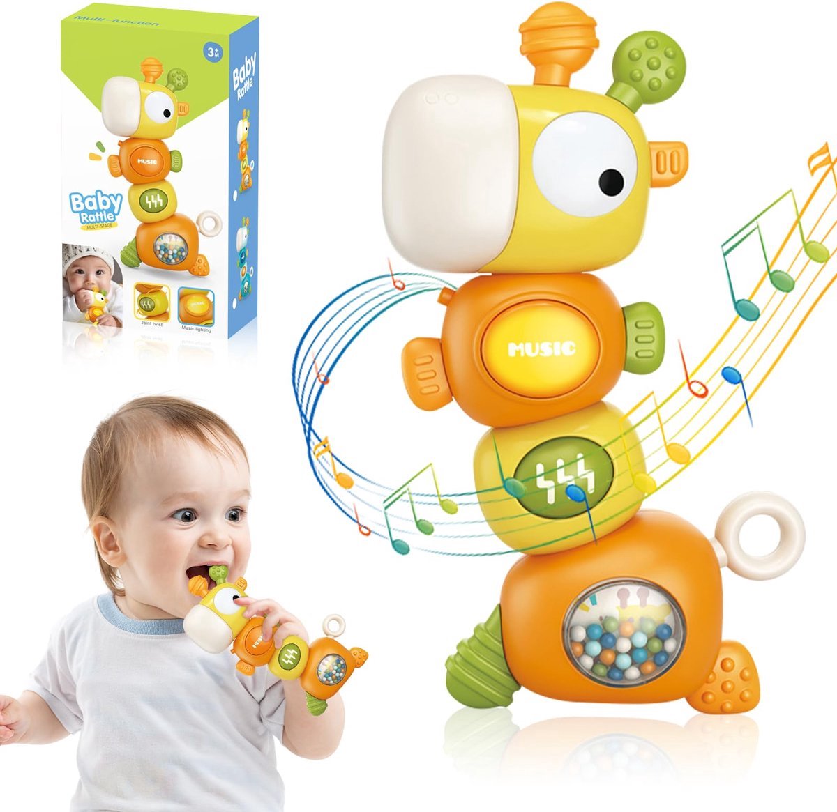 Casalora - Montessori Speelgoed vanaf Baby 6 - 9 - 12 - 36 maand - Educatief speelgoed voor baby's - Baby-bijtspeeltjes - Baby sensorisch speelgoed - Muzikaal bijtspeeltje voor baby's - De vorm van een giraffe - Oranje - Verjaardagscadeau voor bab