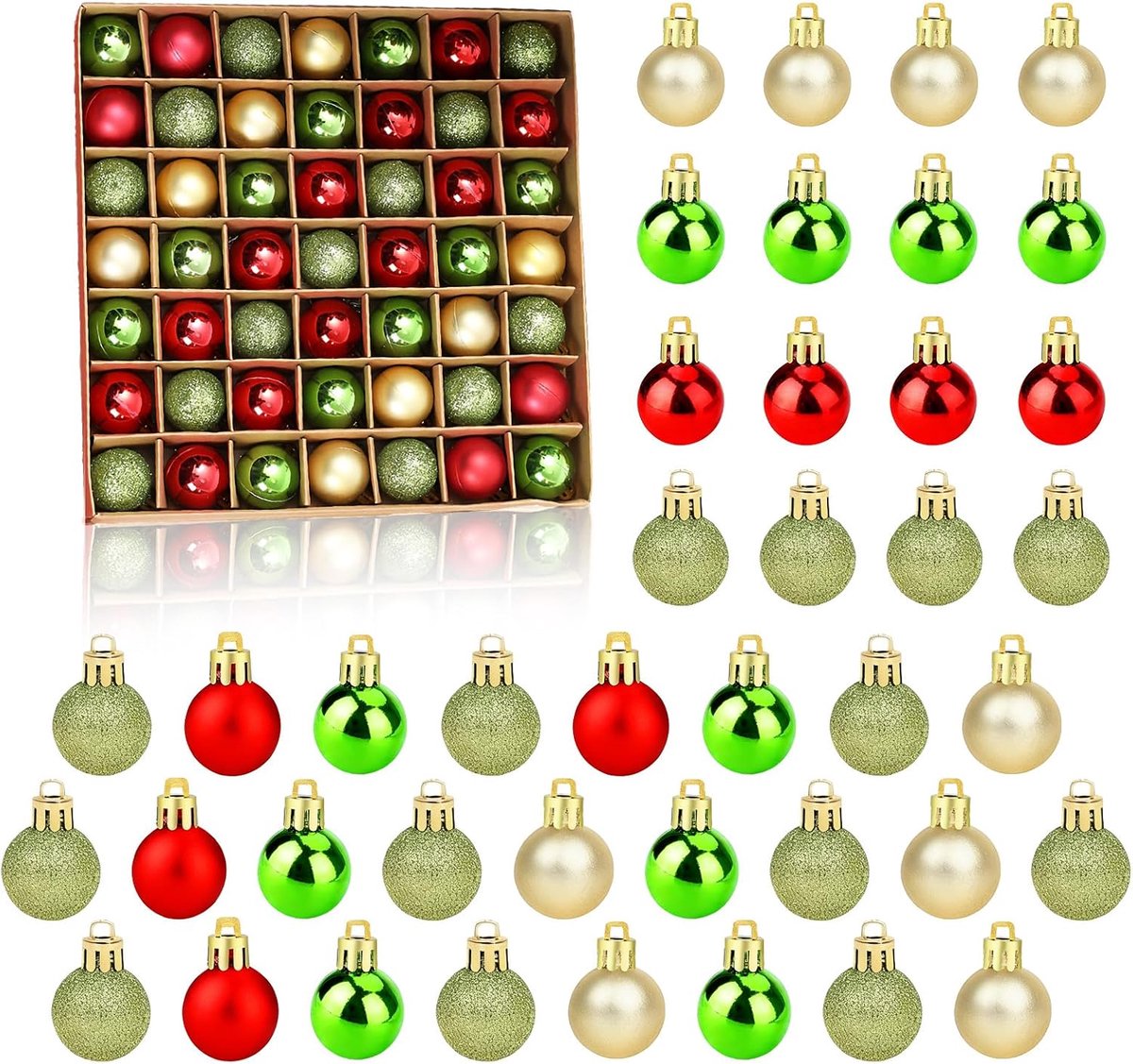 49 stuks mini-kerstballen, 3 cm, rood, groen, goud, kerstballen, kleine hangende ballen, kerstboomdecoratie - ShopVlot