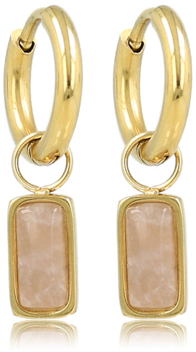 My Bendel - Goudkleurige Oorring met Rechthoekige Hanger van Rose Quartz - met Luxe Cadeauverpakking | Sieraden Voor Dames