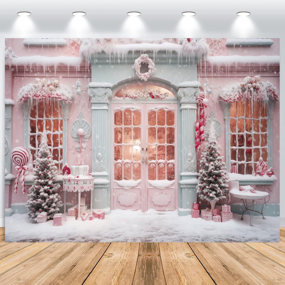 Christmas Photo Background 3x2.5m, Fantastic Pink Lock Door Wall Snow Christmas Tree Photo Wall Background, Vinyl - ShopVlot