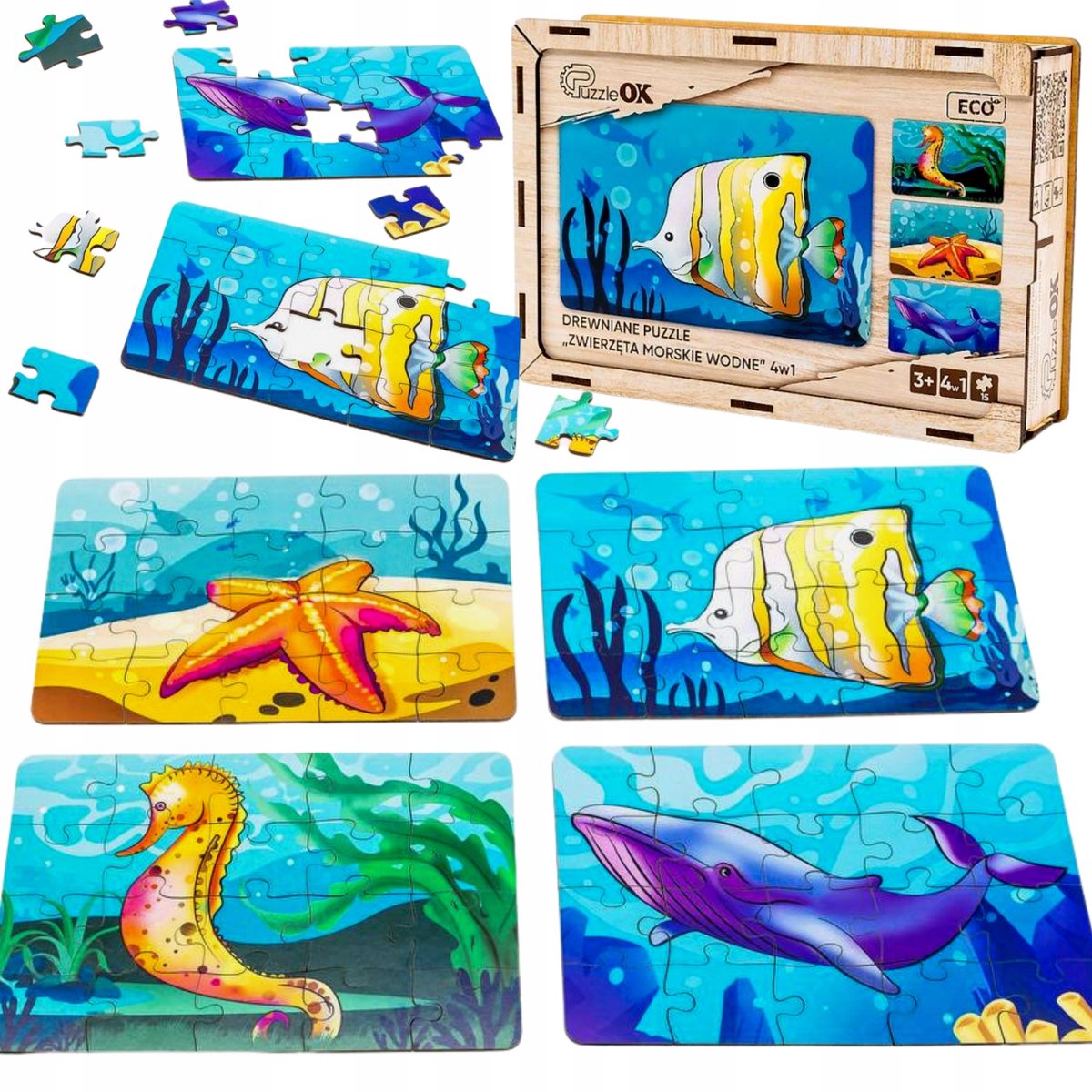 Houten Puzzel 4-in-1 Zee Dieren voor Kinderen