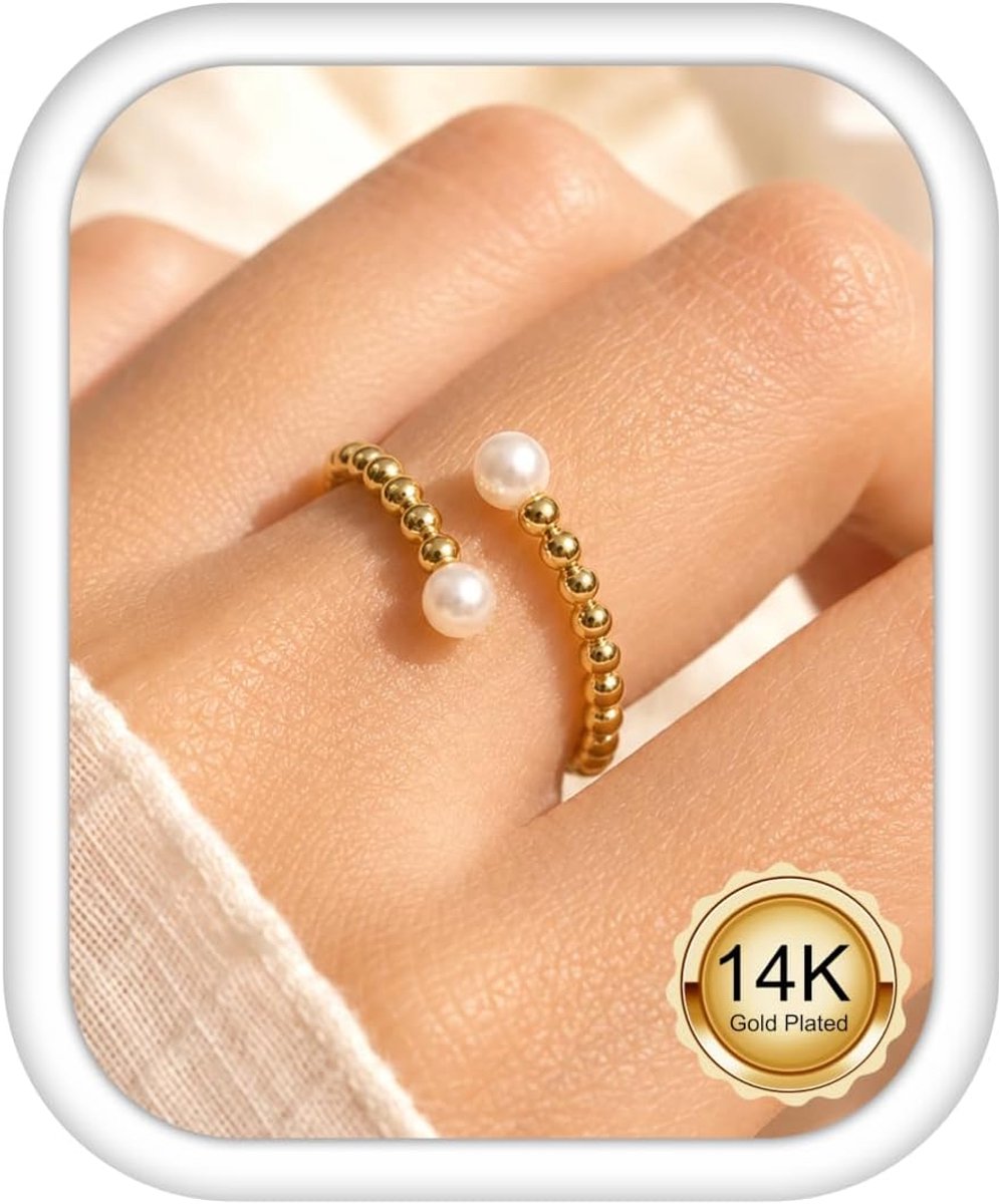 Morfetto Rings 14 Carat Gold Rings Adjustable Anti-Oxidation Rings for Women Pearl Ring Cubic Zirconia Delicate - ShopVlot
