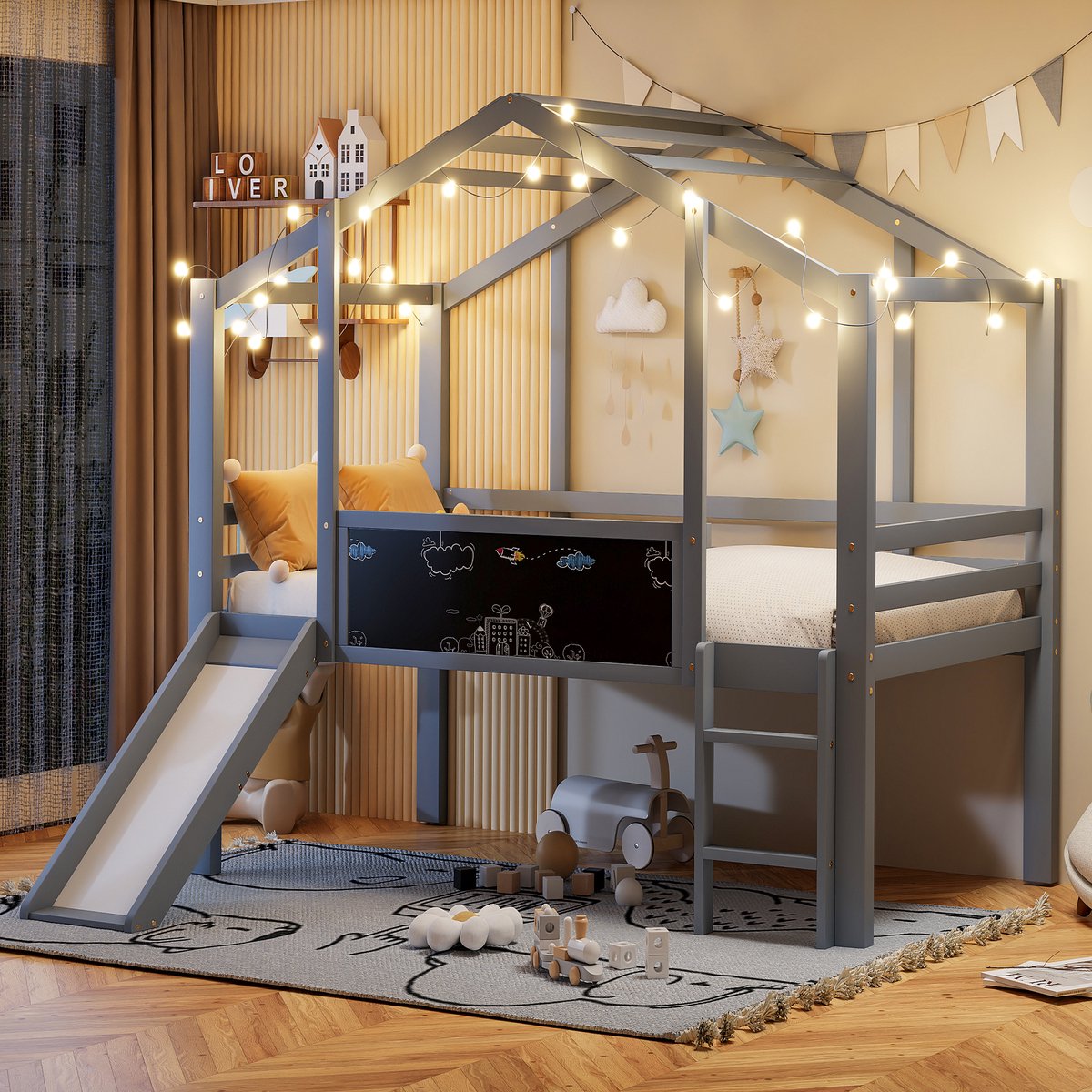Hoogslaper - 90 x 200 cm - 1-persoons - met opbergruimte - met glijbaan - met ladder - Grijs