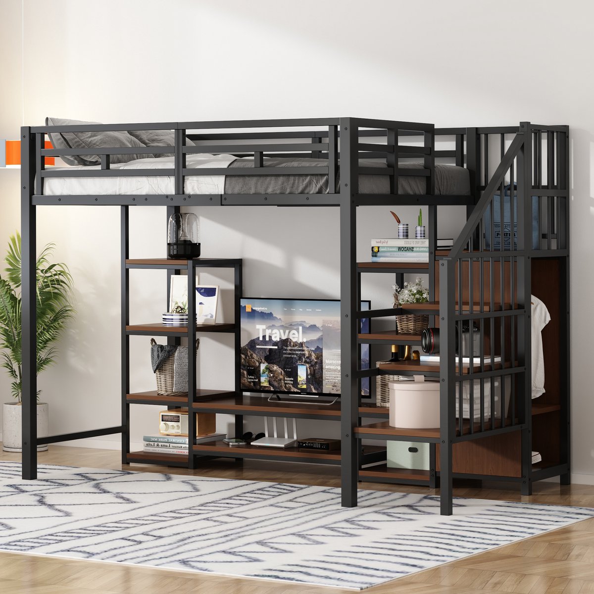 Hoogslaper - 90 x 200 cm - 1-persoons - met opbergruimte - met stopcontact - met ladder - Zwart