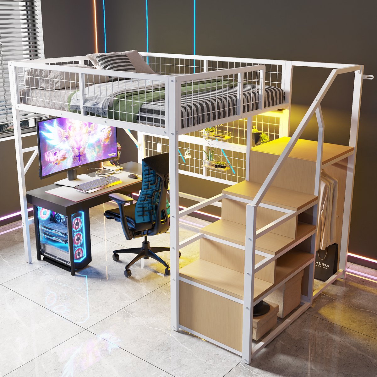 Hoogslaper - 140 x 200 cm - 2-persoons - met bureau - met kledingkast - met opbergruimte - met LED-verlichting - Wit