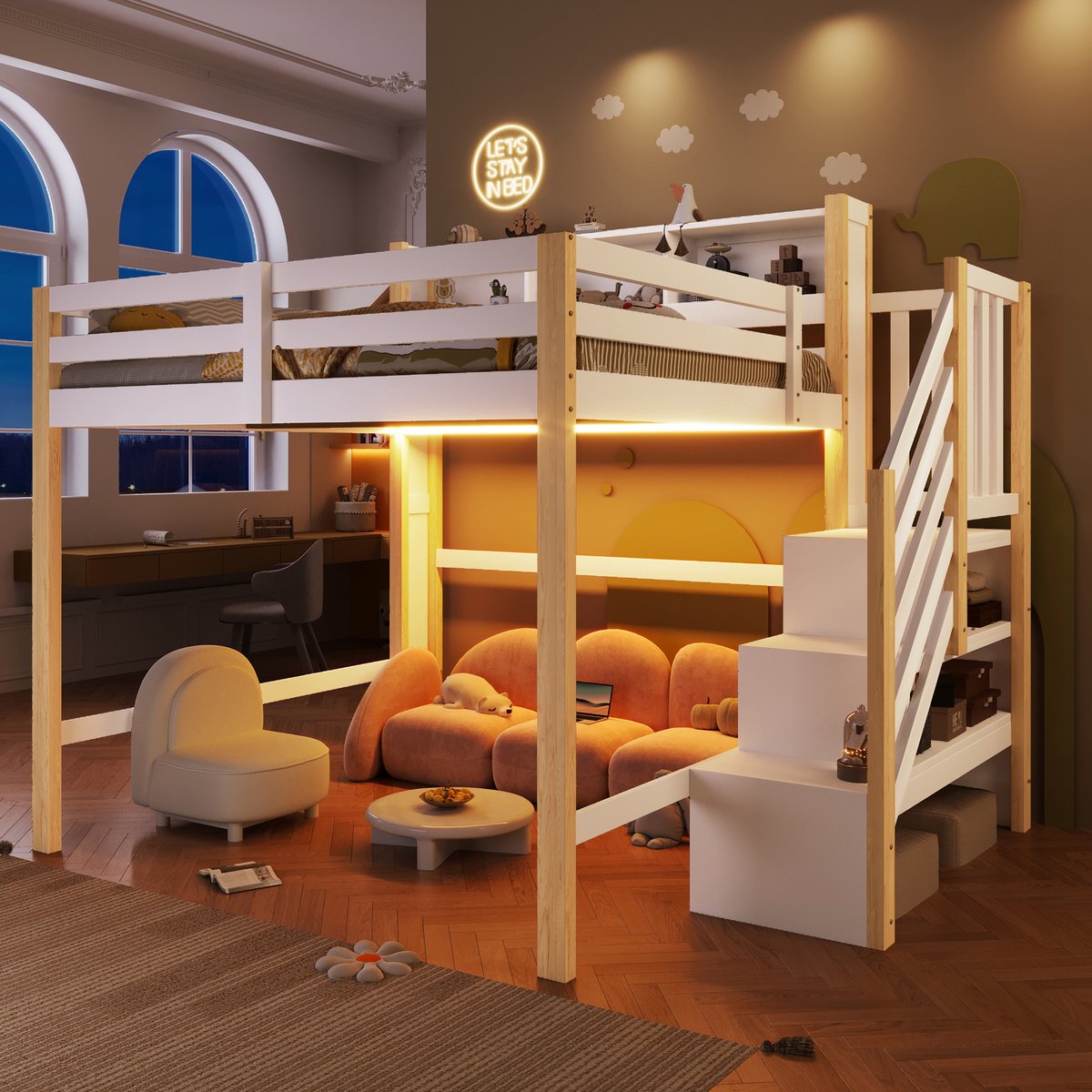 Hoogslaper - 140 x 200 cm - 2-persoons - met opbergruimte - met LED-verlichting - met trap - Wit en Naturel