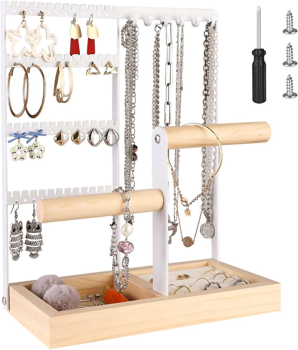 Mkitnvy Jewellery Stand, Jewellery Holder, Jewellery Organiser, Wooden Metal Chain Holder, 4 Layer Jewellery Holder - ShopVlot