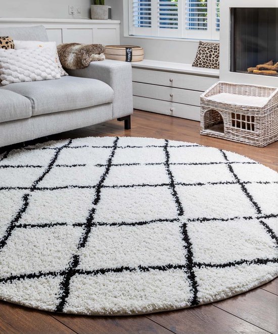 Rond hoogpolig vloerkleed ruiten Habitat – wit/zwart 80 cm