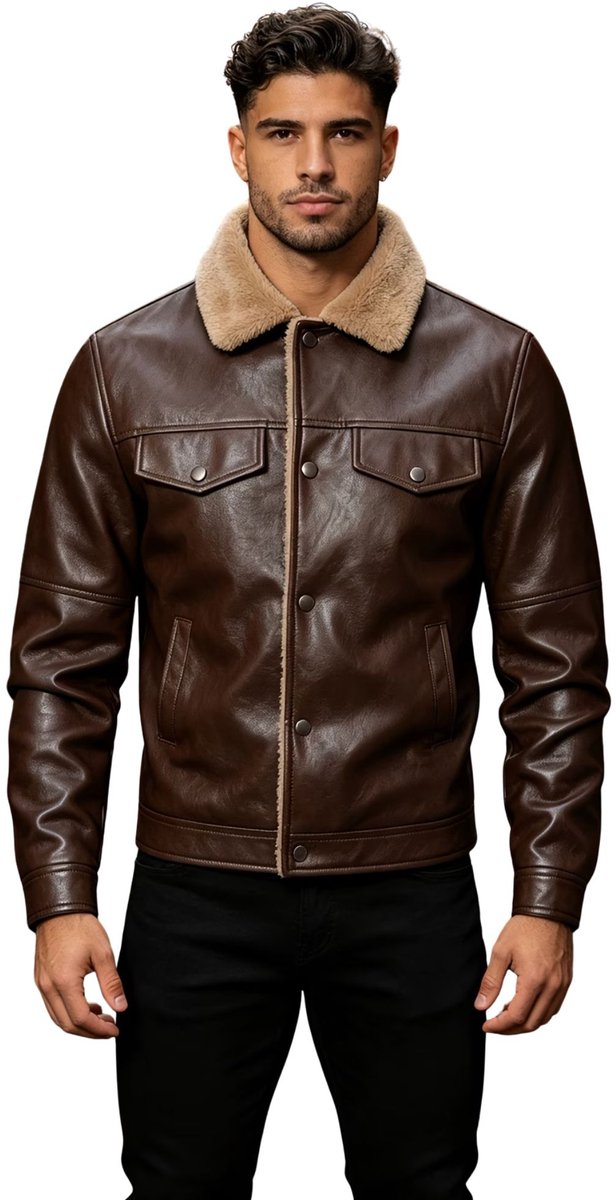 Currero Kunst Leren Jas Leather Jacket Lederen Jas Bomberjack Pilotenjack Blazer Biker Motorjas Motormuis Heren Bruin