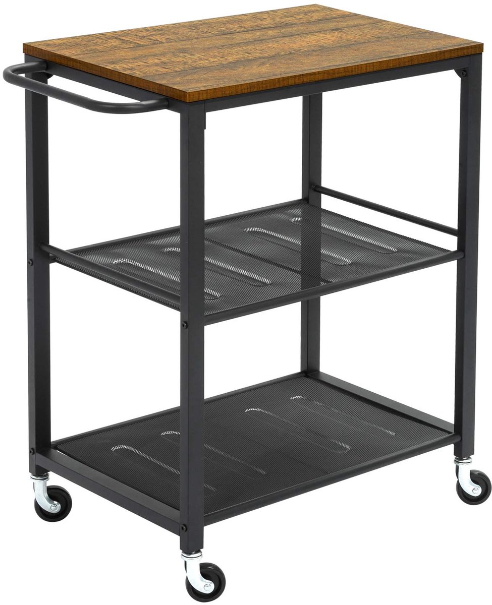 Famanu – Keukenwagen op wielen, 3-laags serveerwagen met handdoekenrek en opbergplanken, industriële stijl, afmetingen 60 x 40 x 77 cm, rustiek bruin en zwart
