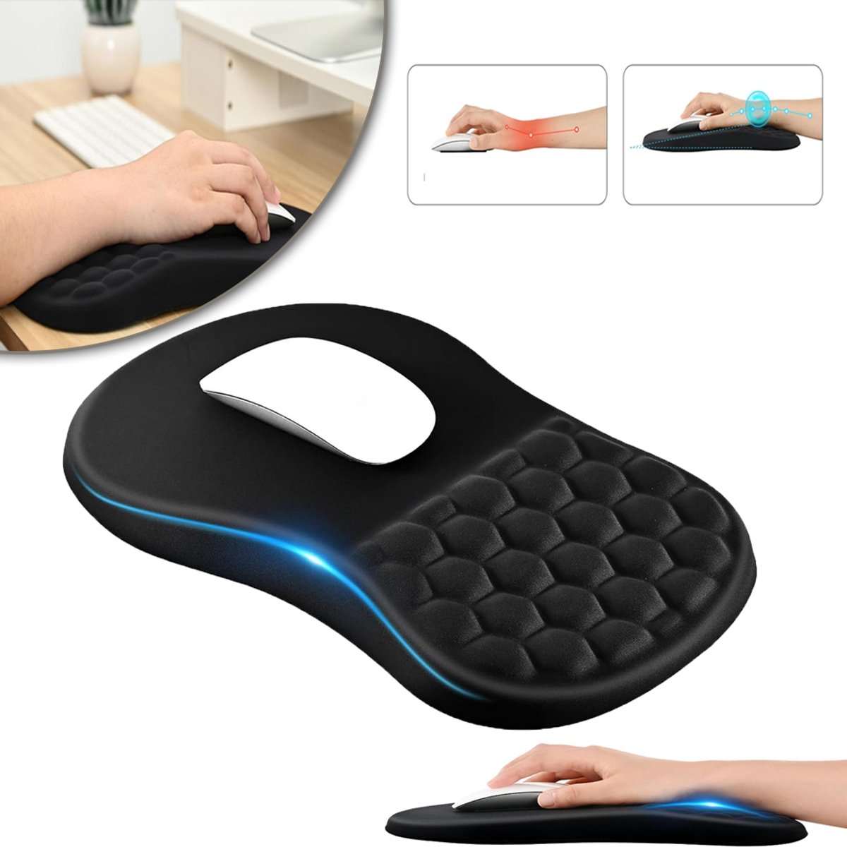 Muismat Met Polssteun En 15° Ergonomische Kanteling - Honingraatvormig Traagschuimkussen Antislip Siliconen Onderkant Wasbaar - Voor Kantoor Gamen En Studeren - Zwart
