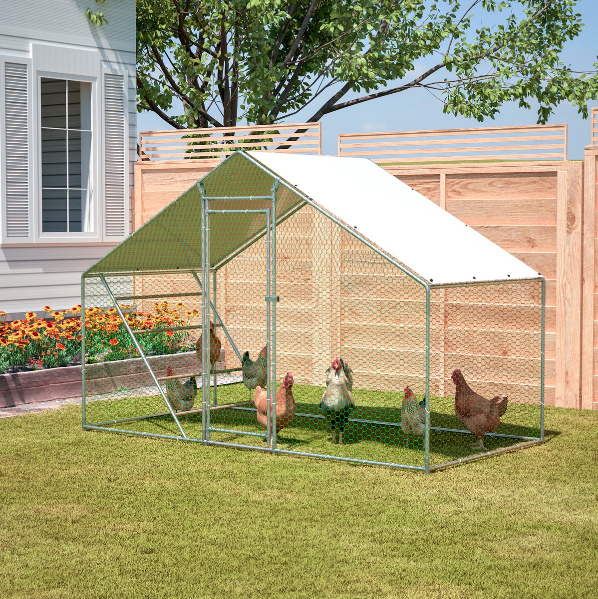 OKWISH Kippenhok Met Ren En Ladder 3 X 1,5 X 2 M Verzinkt Staal Grijs Voor Buitenverblijf Voor Kippen, Konijnen En Kleine Dieren