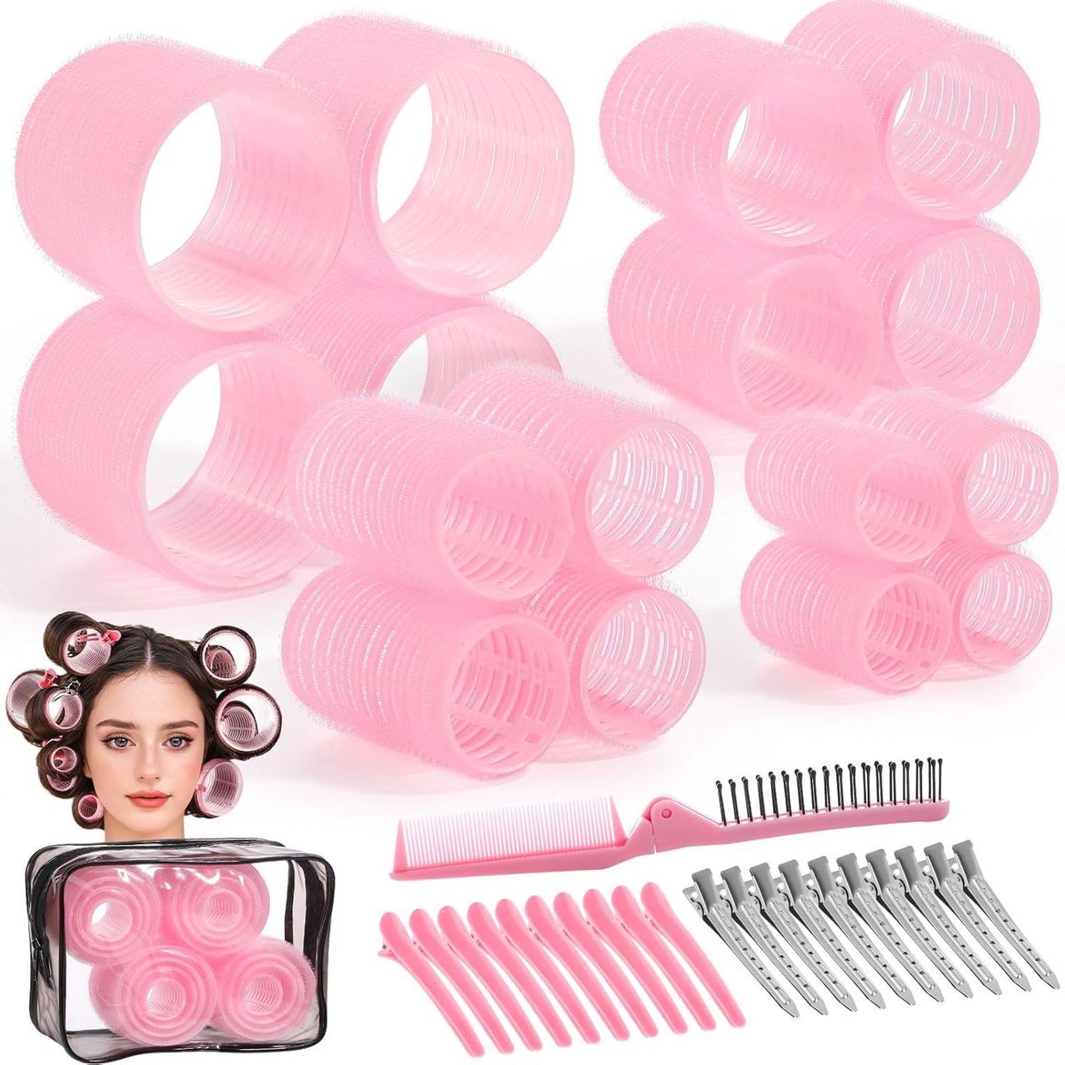 Haarkrulset, krultang zonder hitte, meerdere maten, geschikt voor kort, middellang en lang haar,38-delige roze set