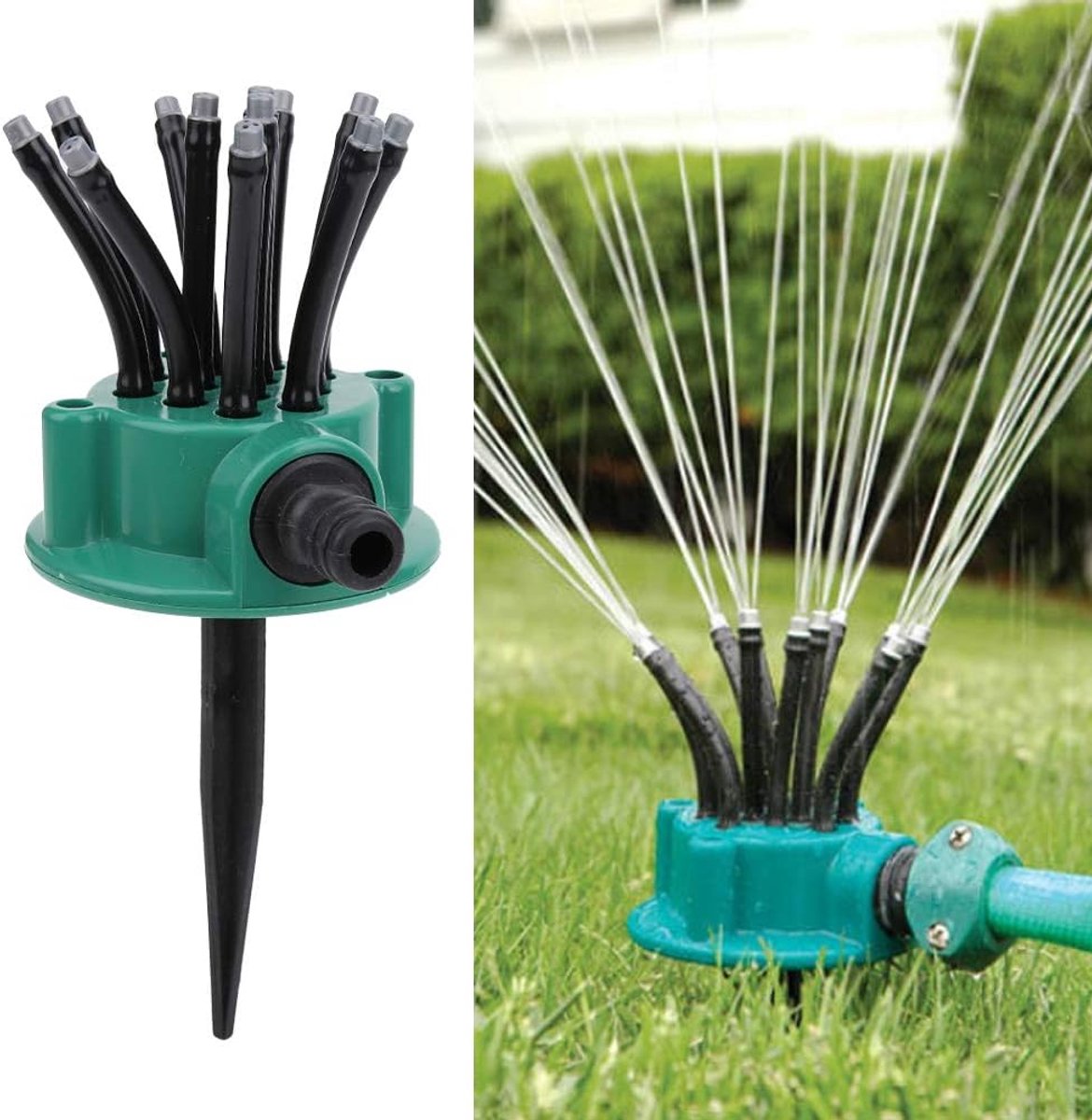 KZQ 12-kops 360° roterende automatische tuinsproeier - Multi-jet watersproeier met grondpen voor landbouwirrigatie - Geschikt voor gazons en tuinen - Groen