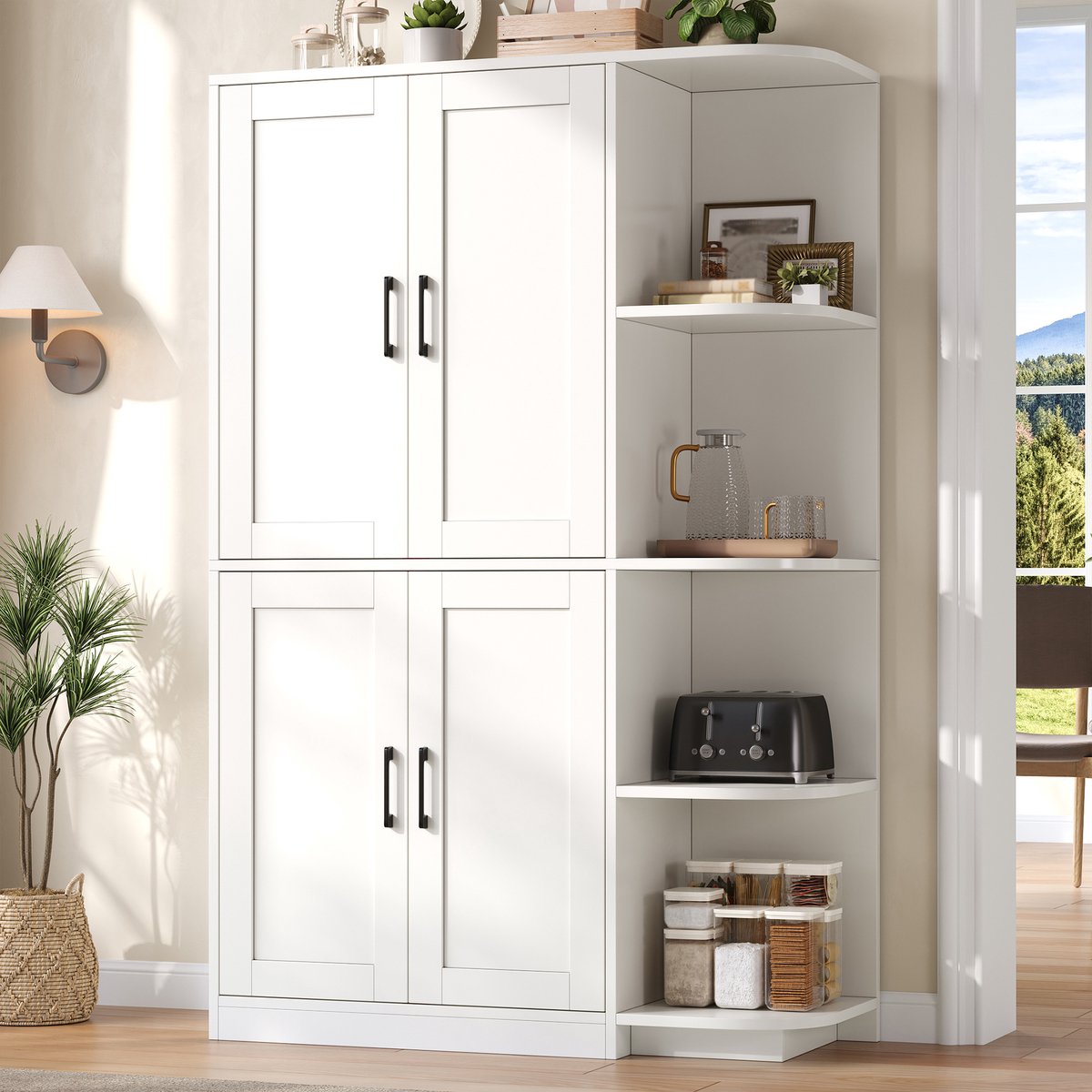 Clruro Keukenkast - 103 x 40 x 163 cm - 4 Deuren en 4 Open Vakken - Verstelbare Planken - MDF - Wit