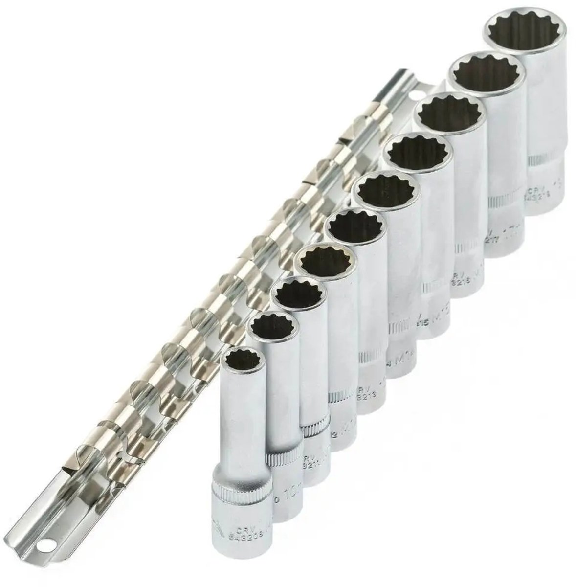 10-delige 3/8" 12-kant doppenset op rail, 8-19 mm