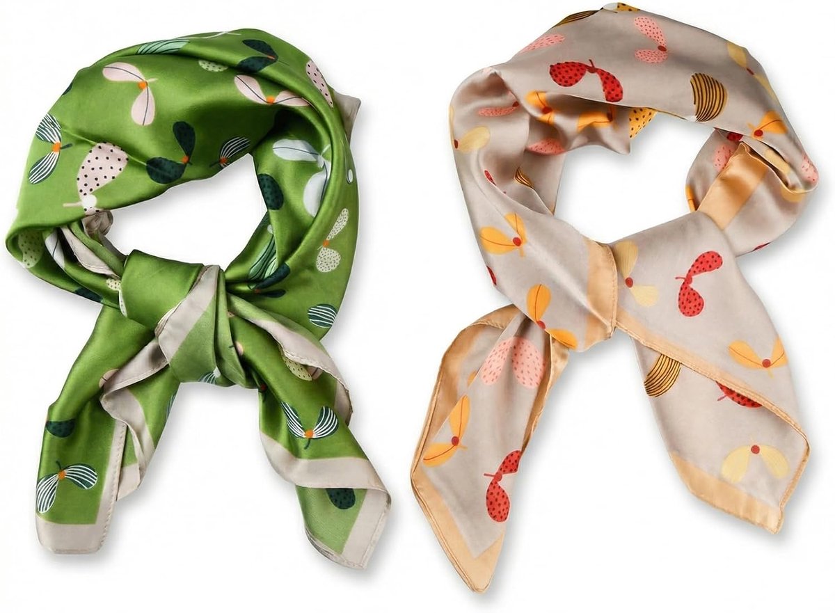 2 stuks dames emulatie zijden sjaals 70 x 70 cm vierkante satijnen hoofd bandana retro bedrukte halsdoek lichtgewicht - ShopVlot
