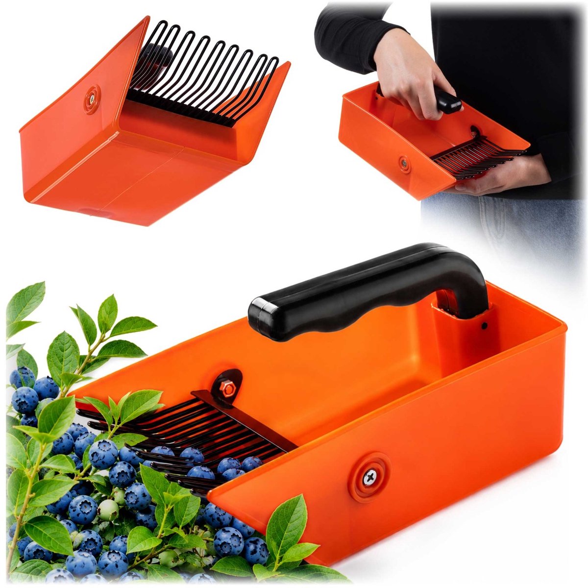 KADAX bessenplukker met opvangbak en metalen tanden, bessenkam, bosbessenkam, handig hulpmiddel voor het snel plukken van bosbessen, aalbessen en andere bessen, fruitplukker (oranje)