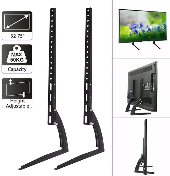 Zwarte TV-standaardpoten, in hoogte verstelbaar, geschikt voor 32-75 inch TV's tot 50kg.