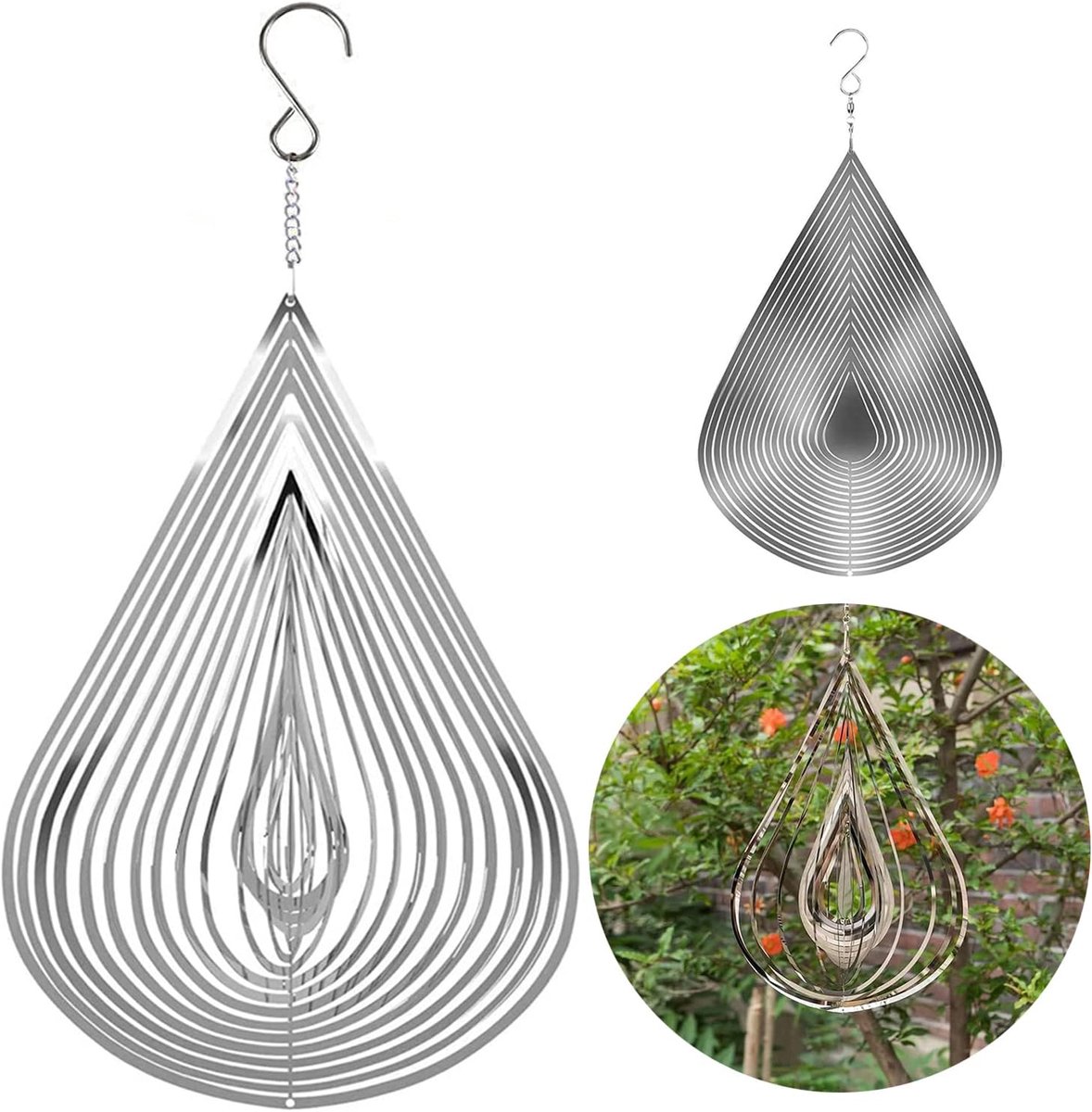 Zilveren druppel windspinner, 10 cm inclusief haak, 2 stuks set, vogelverschrikker, hangdecoratie voor tuin, terras en balkon