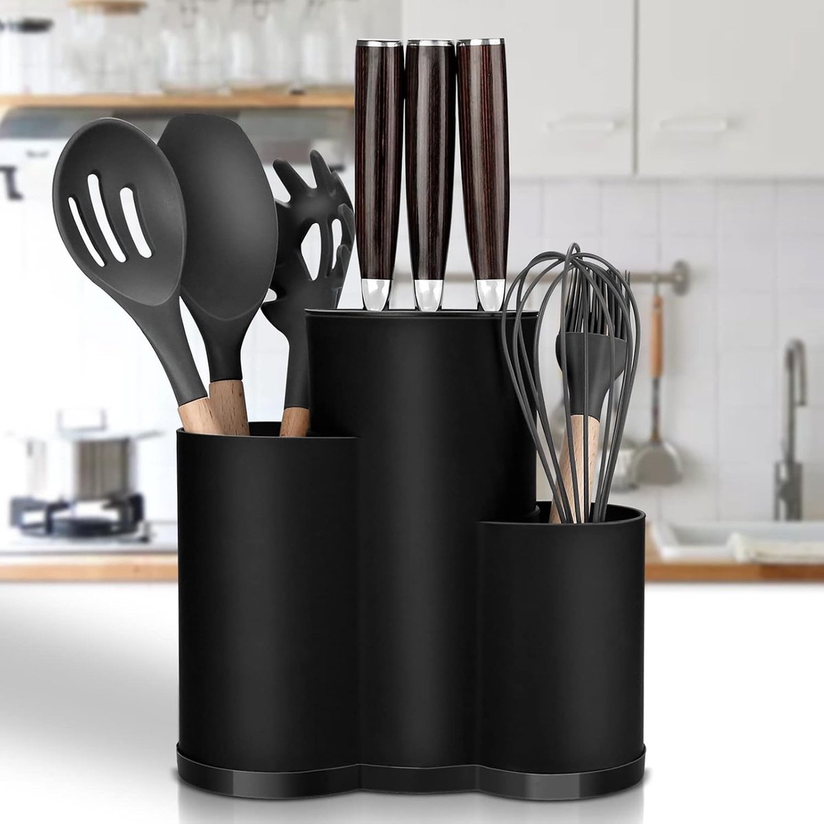 KZQ 3-in-1 mesblokhouder voor keuken - Opbergrek voor bestek en scharen - Veilig en overzichtelijk - Zonder messen - Zwart