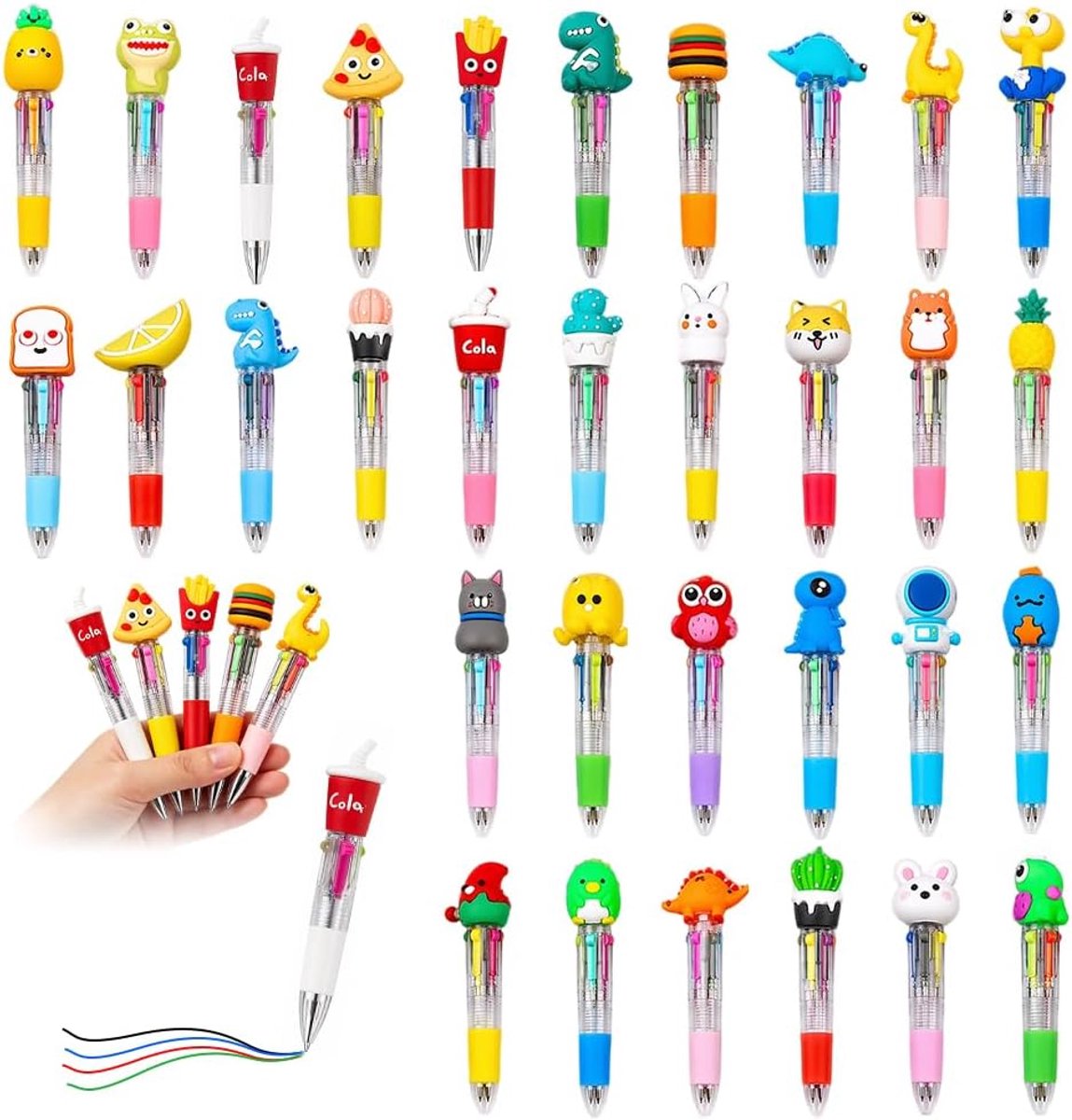 Mineup 32 stuks pennen in dierenkleur voor kinderen, 4-in-1 schattige intrekbare balpen, veelkleurige cartoon-pen - ShopVlot
