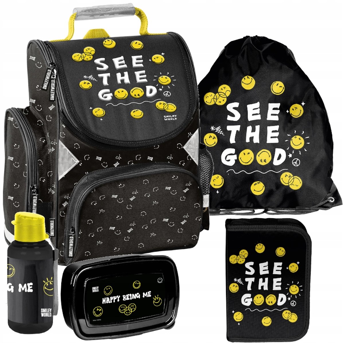 Paso Smiley Schoolset 5-in-1: Rugzak, etui, shopper, bidon & lunchbox