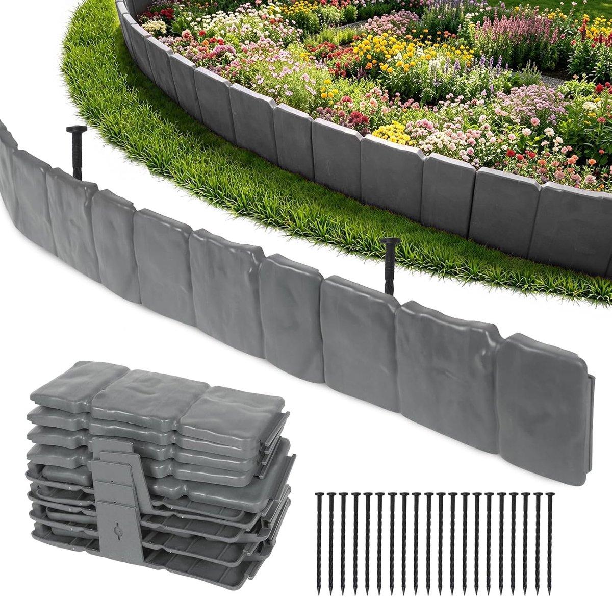 Grasrandafscheiding 10 cm hoog - Flexibel kunststof - Steenslook design - Perfect voor tuinbedden - ShopVlot