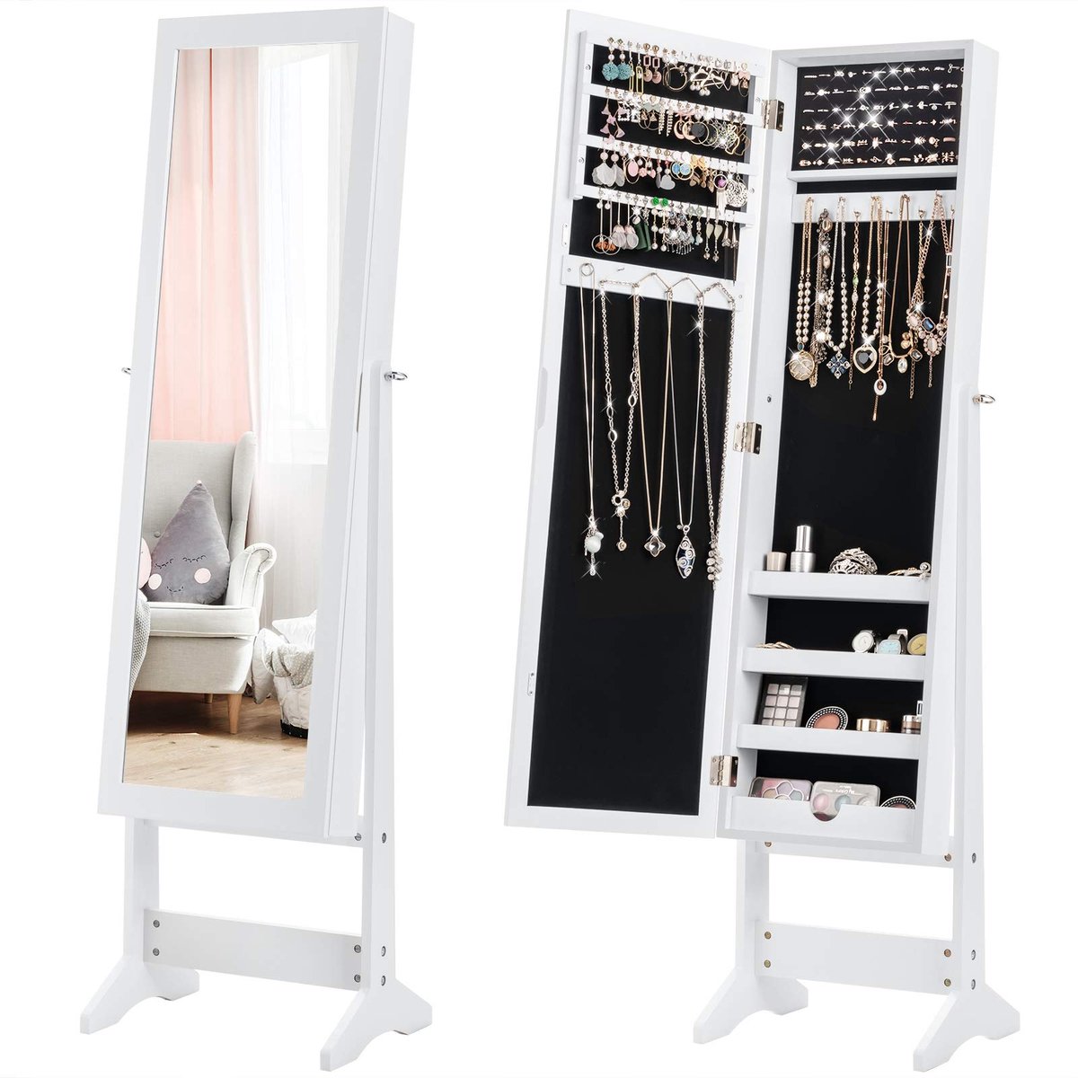 Famanu – Sieradenkast met spiegel, kantelbare staande sieradenspiegelkast met 64 oorbelgleuven, 20 halskettinghaken, 72 ringsleuven en 4 planken voor make-up, 2-in-1 opbergkast in wit