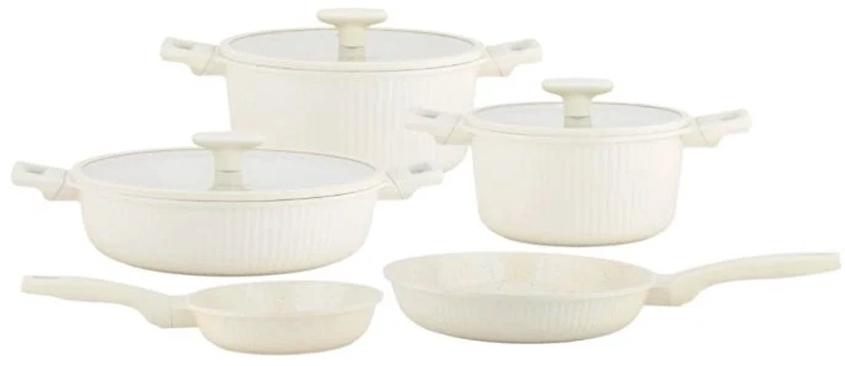 Ferveo Luna Pannenset - 8-delig - Glazen Deksels - Crème - Inductie - Japandi