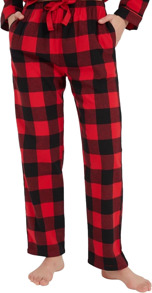 Women's 100% Cotton Flannel Pajama Pants - Cozy Pajamas with Pockets Drawstring Waist Bottoms, Red and Black Plaid 3 - ShopVlot