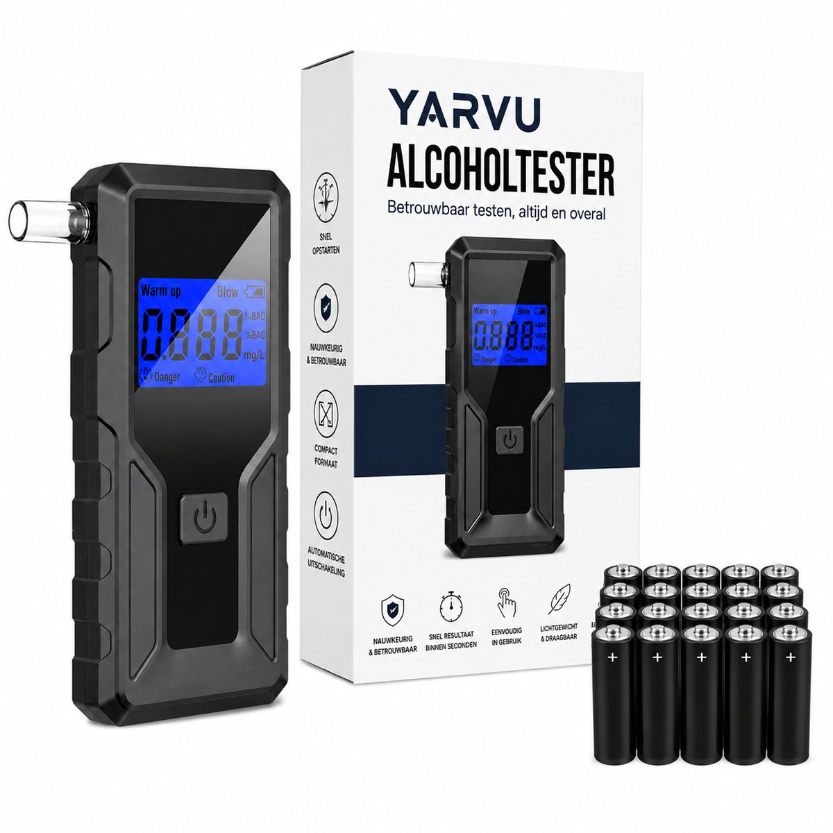 Digitale Alcoholtester – Alcoholtesters - Blaastest Alcohol – Alcoholmeter – Op AA Batterijen - Geschikt voor o.a. Nederland, Frankrijk en België – Inc. 20 Extra Mondstukjes - Zwart