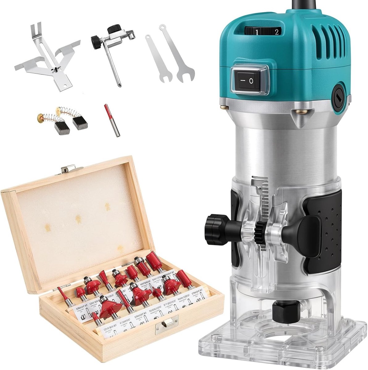 Elektrische Palm Router - Blauw - 800W - Met Variabele Snelheden en 15 Stuks Router Bit Set - Voor Houtbewerking en DIY