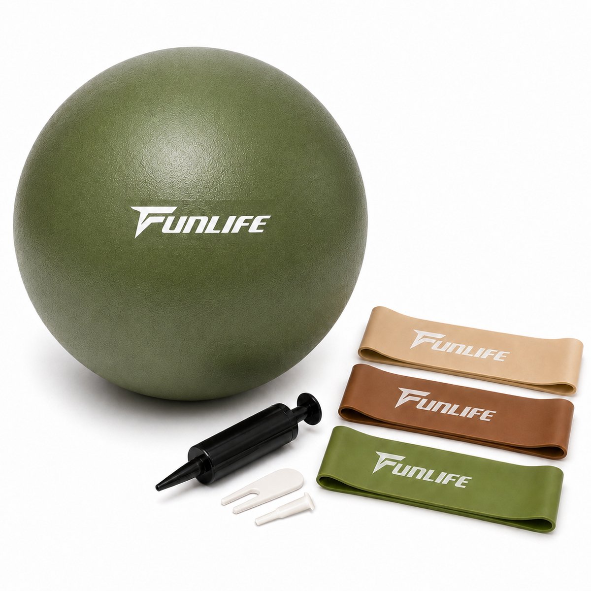 FunLife Pilatesbal Set 25 cm met Pomp en 3 Weerstandsbanden – Kleine Fitnessbal voor Pilates, Yoga, Core- en Balanstraining – Olijfgroen