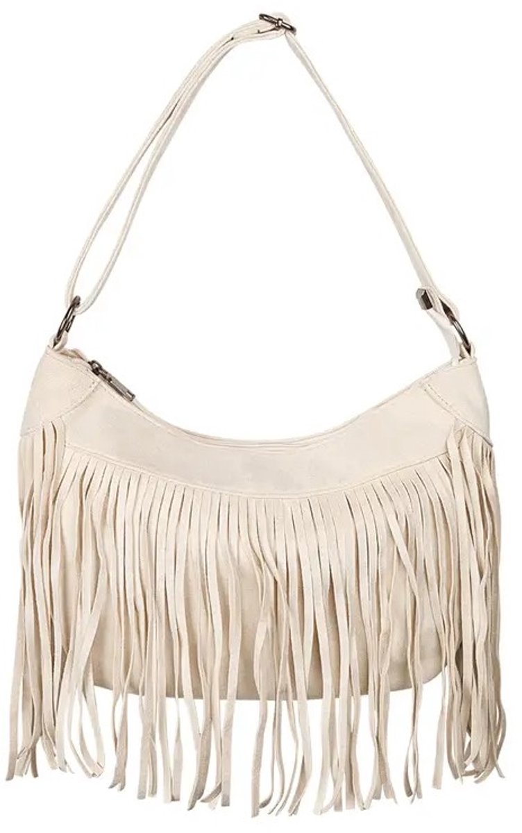 Beige Suedine Schoudertas Franjes - Suedine Boho Dames Tassen - Fringe Voor - Verstelbaar Hengsel - Beige