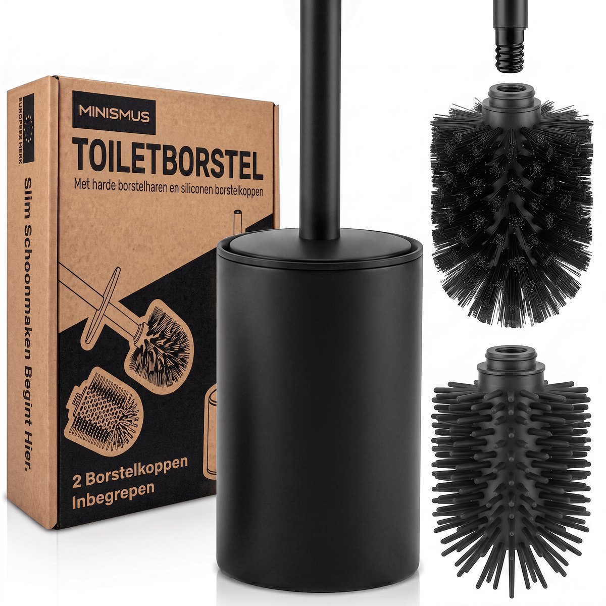 Minismus WC Borstel met Houder - Toiletborstel Vrijstaand - 2 Borstelkoppen Kunststof en Siliconen - Zwart
