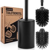 Minismus WC Borstel met Houder - Toiletborstel Vrijstaand - 2 Borstelkoppen Kunststof en Siliconen - Zwart