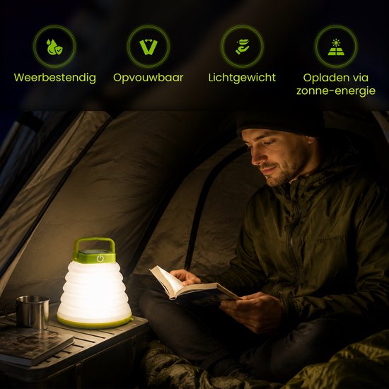 Tech Essentials Solar LED Lantaarn - Opvouwbaar - Groen - Tentlamp - Led Lamp Oplaadbaar - Kamperen - Nood - Storm - Hanglamp - Zonne Energie - USB-C — afbeelding 3