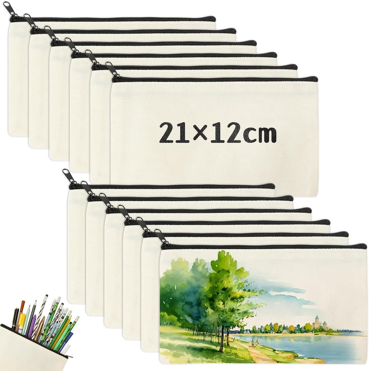 Linnen tasjes onbedrukt - Zwart - 21 x 12 cm - Canvas stoffen etui met ritssluiting - Voor doe-het-zelf handwerk
