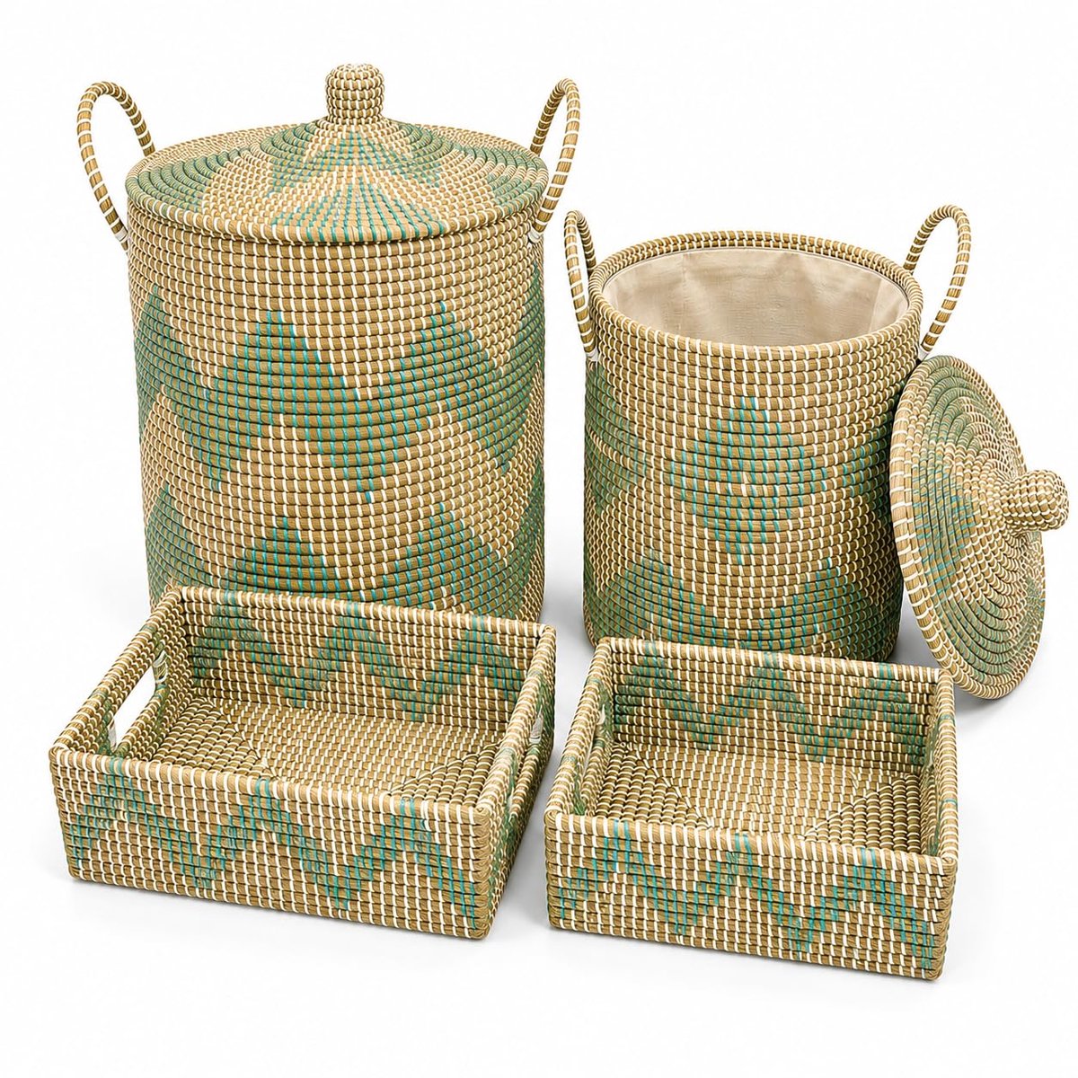 Famanu – Set van 4 opbergmanden van gevlochten zeegras, grote wasmand met handgrepen, handgemaakt, ideaal voor woonkamer, slaapkamer, keuken en badkamer
