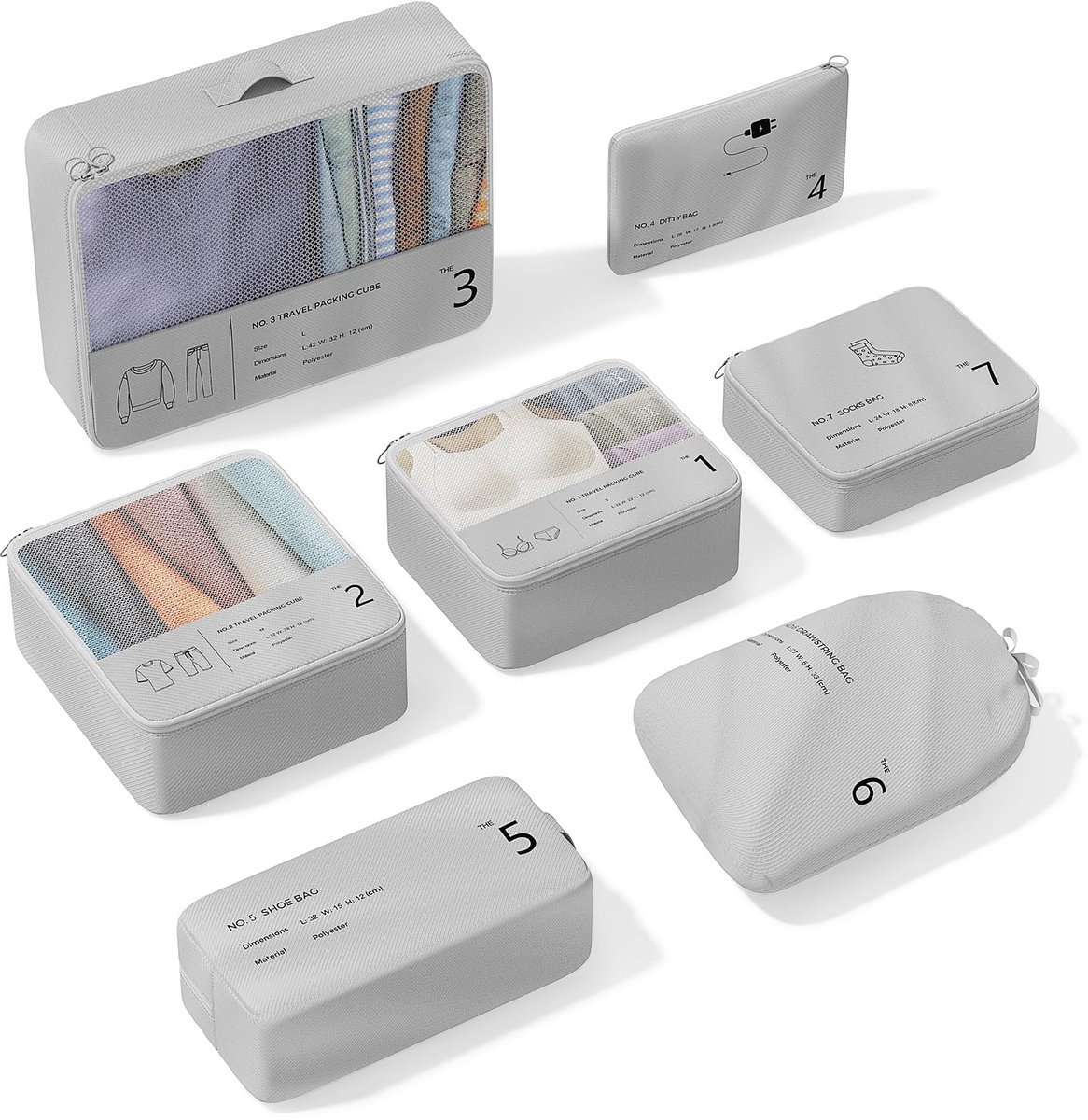 Famanu – Pakkubussen set van 7 delen, reis-kledingtassen van grijs polyester, ritssluiting en ademend net, 20 cm x 10 cm x 4 cm