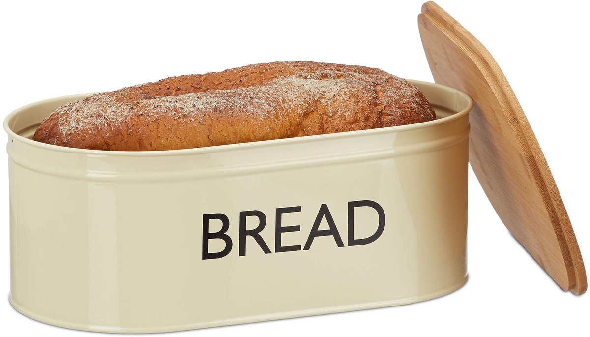Famanu – Retro brooddoos XL met bamboe deksel, 8 liter, metaal, : 14 x 36 x 20 cm, ronde broodmand in beige/natuur