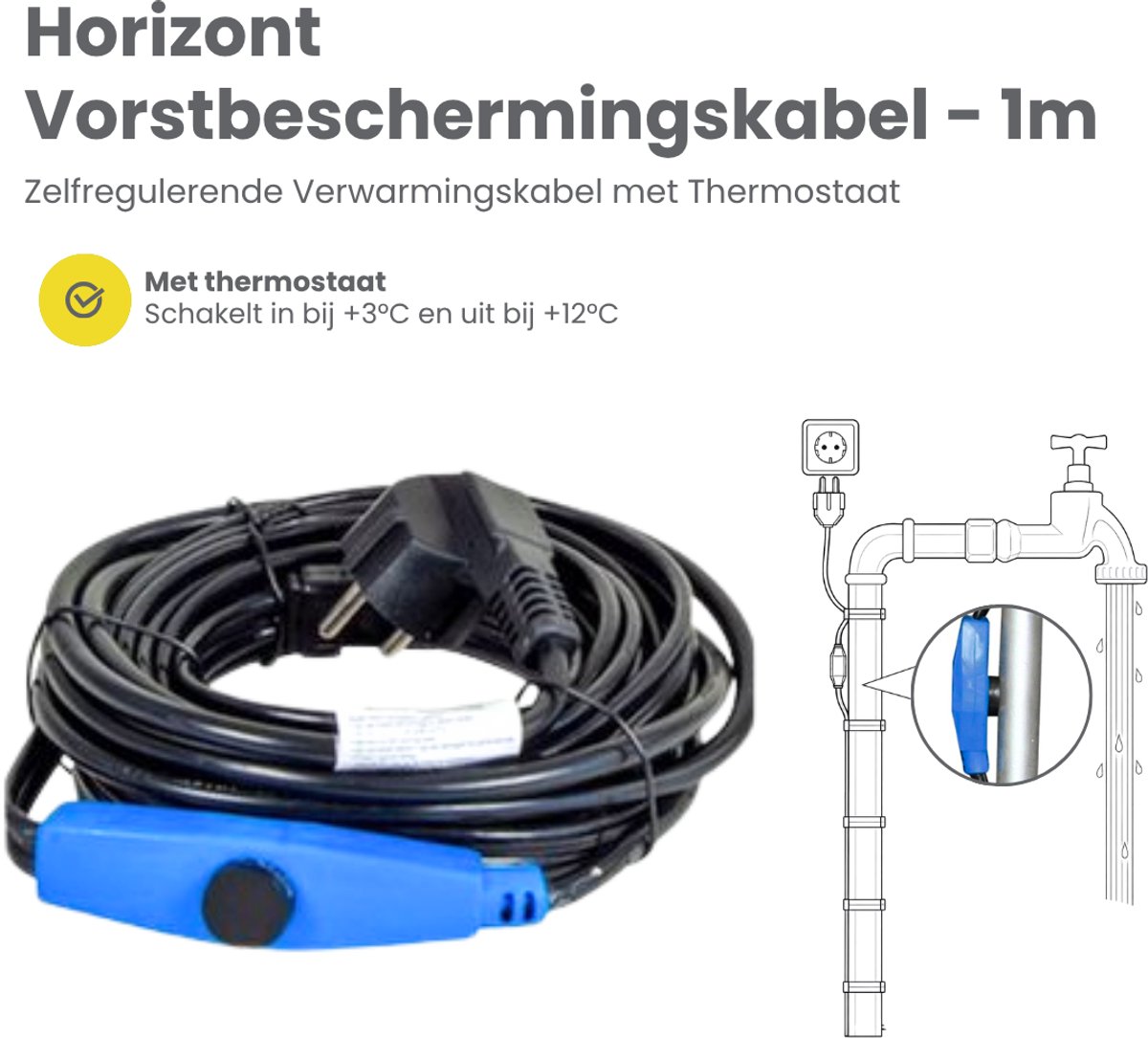 Horizont Vorstbeschermingskabel 1m - Zelfregulerende Verwarmingskabel met Thermostaat - Waterdicht - Voor Waterleidingen, Dakgoten & Planten